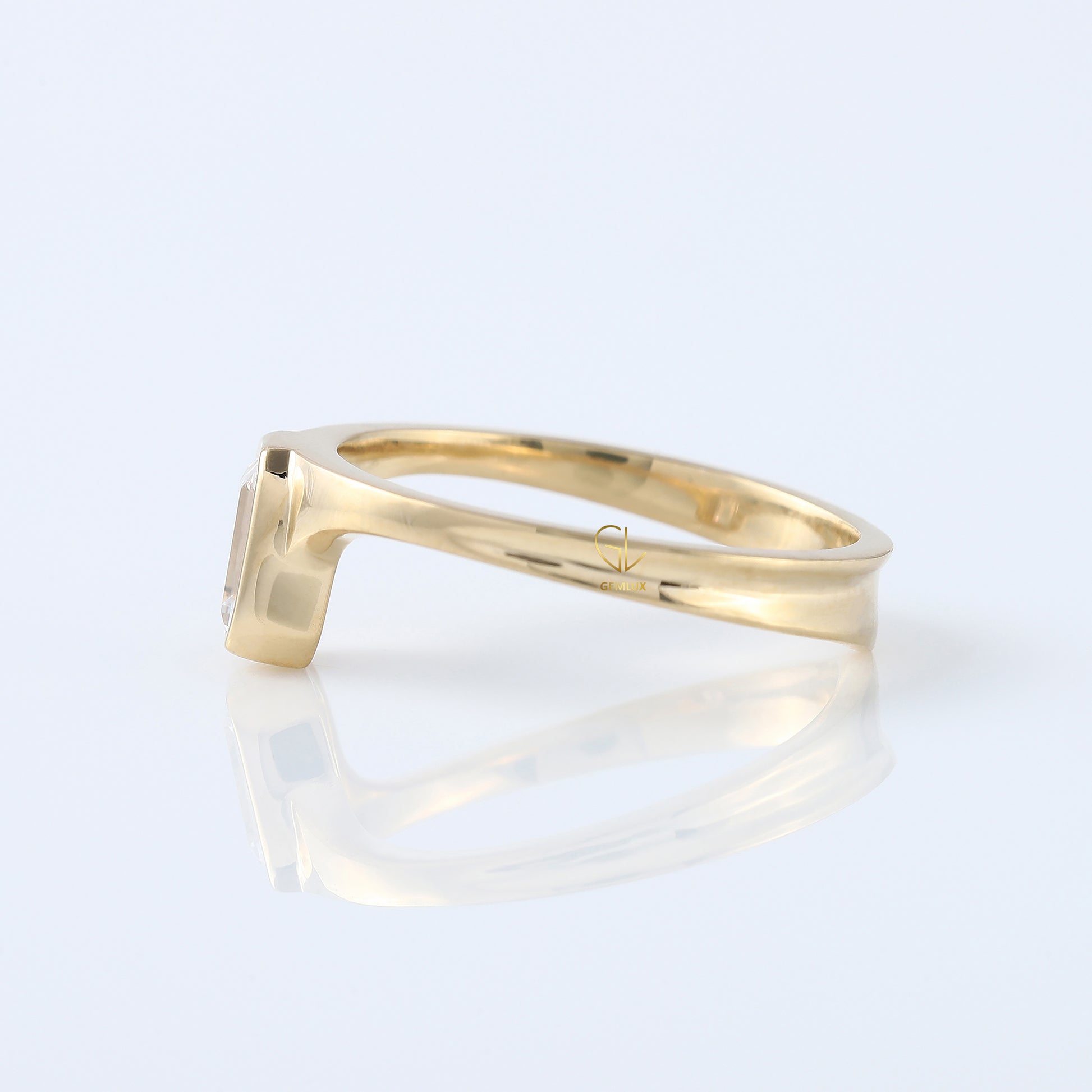 Emerald Cut Lab Grown Bezel Set Curved Solitaire Ring