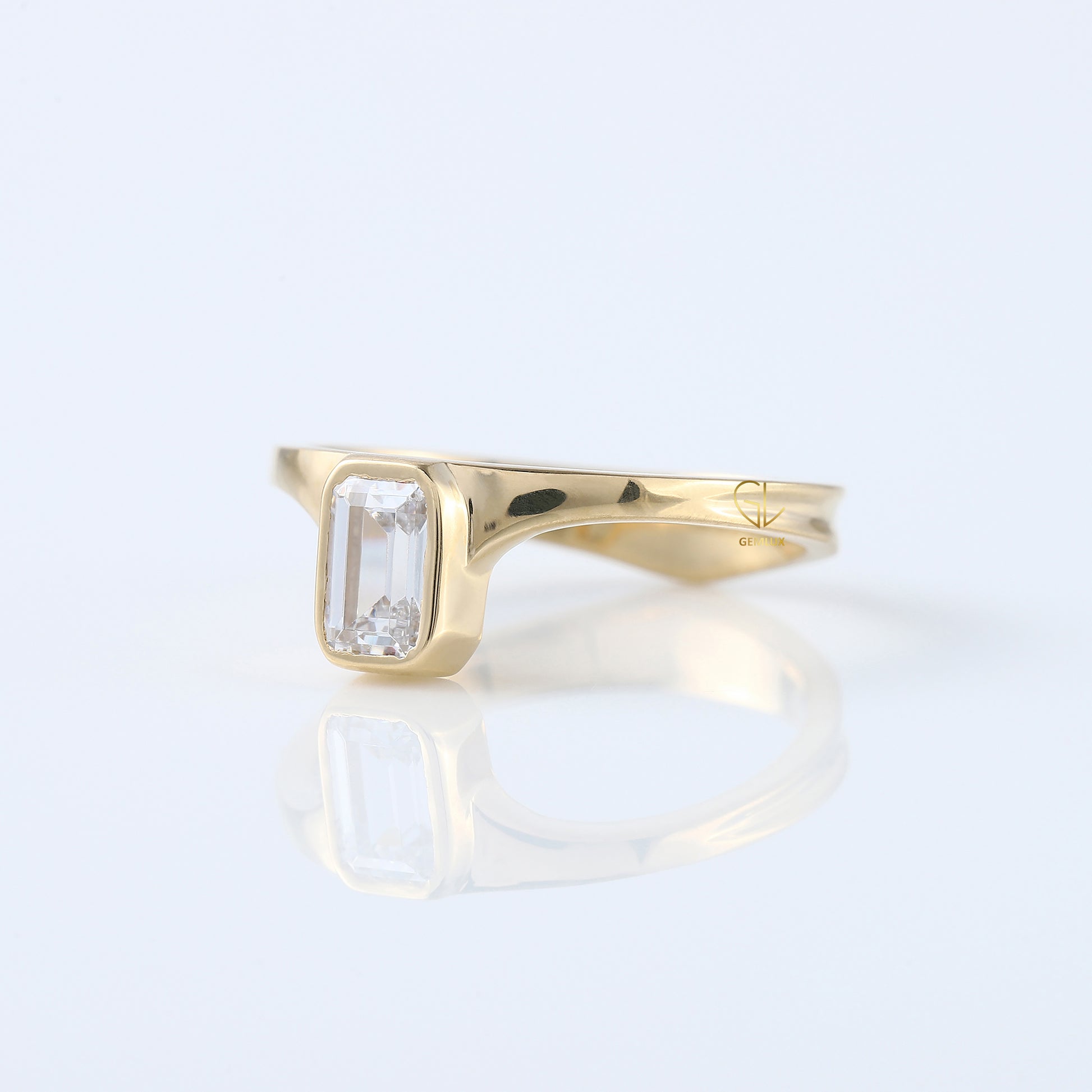 Emerald Cut Lab Grown Bezel Set Curved Solitaire Ring