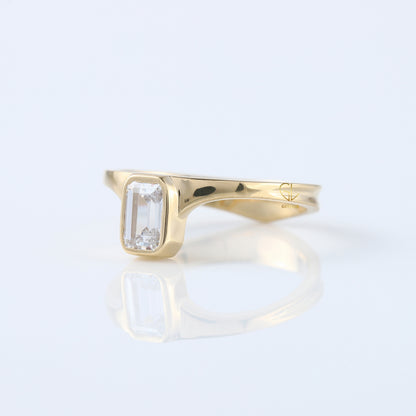 Emerald Cut Lab Grown Bezel Set Curved Solitaire Ring