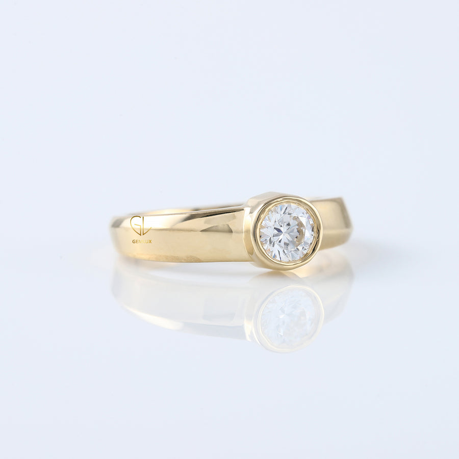 Bezel Set Round Moissanite Solitaire Yellow Gold Ring