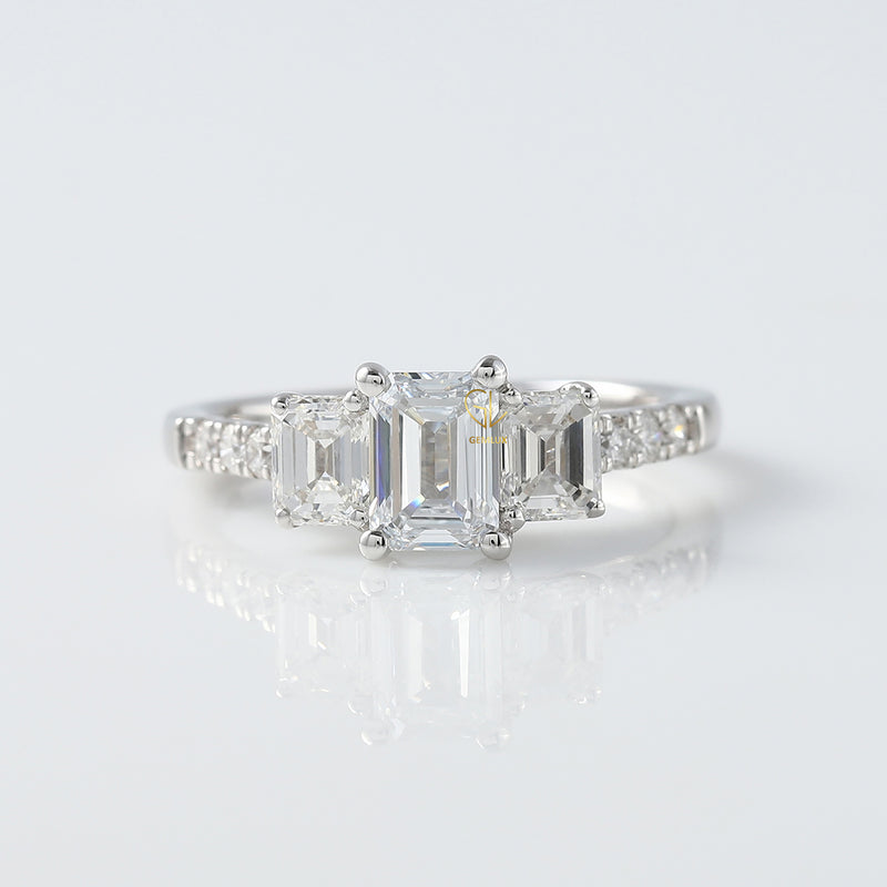Emerald Cut Moissanite Three Stone Engagement Ring