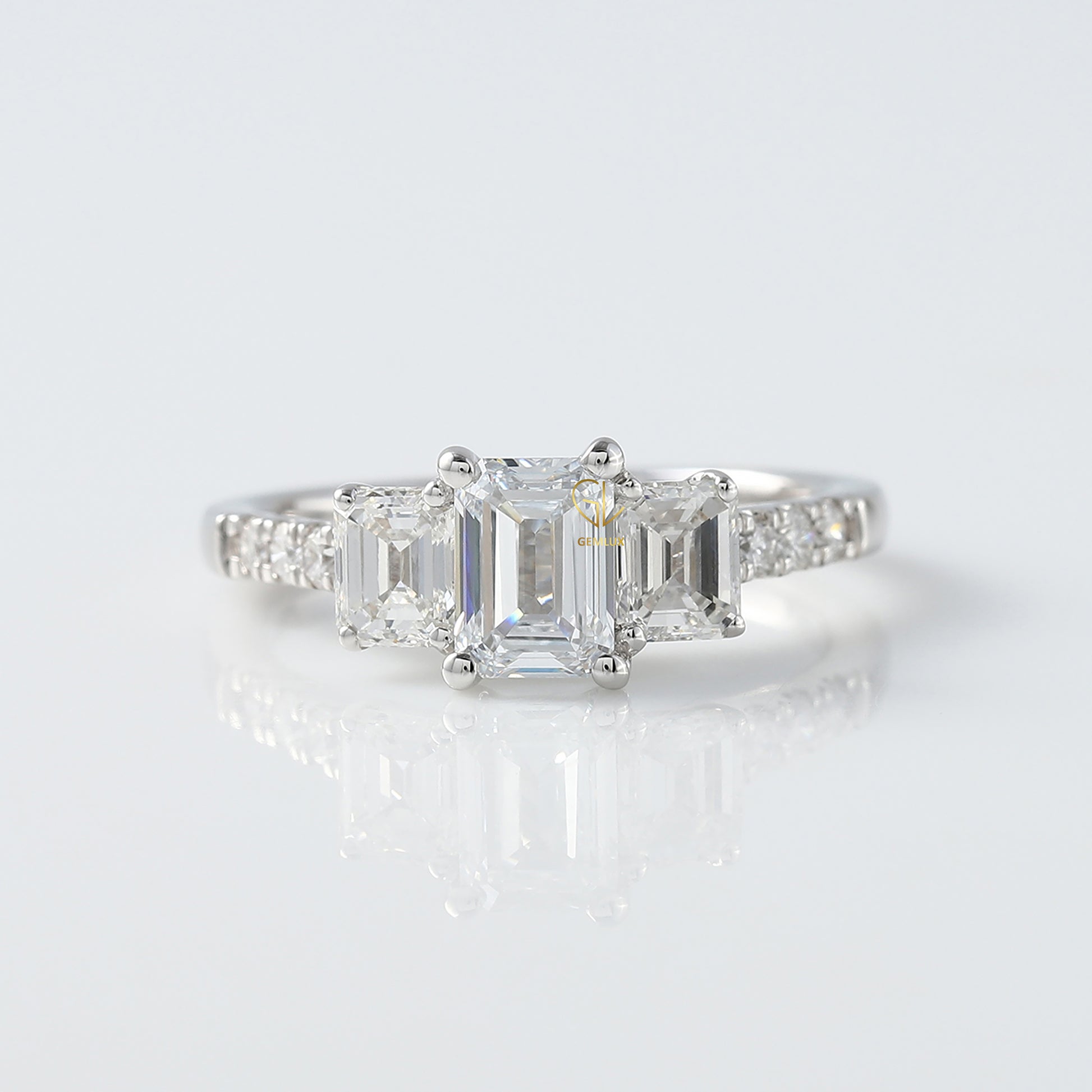 Emerald Cut Lab Grown Diamond Three Stone Engagement Ring