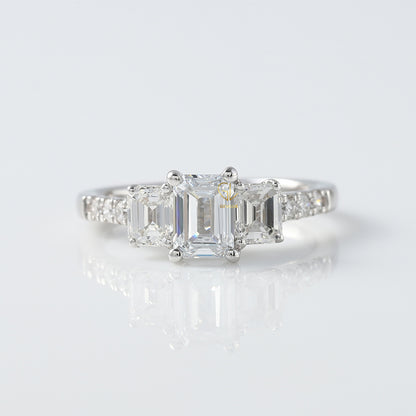 Emerald Cut Lab Grown Diamond Three Stone Engagement Ring