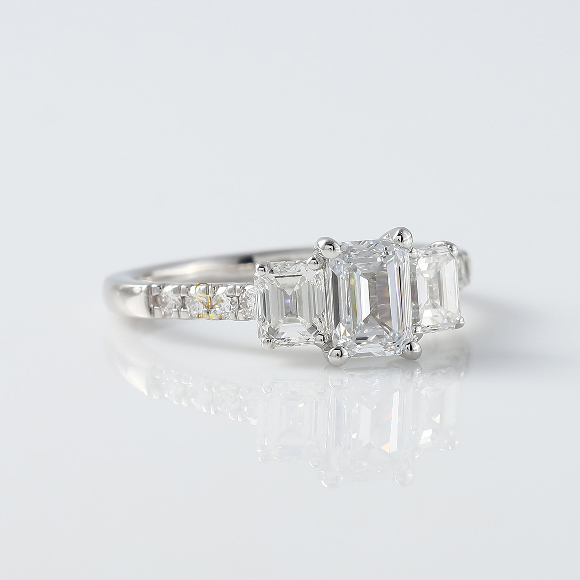 Emerald Cut Moissanite Diamond Three Stone Engagement Ring