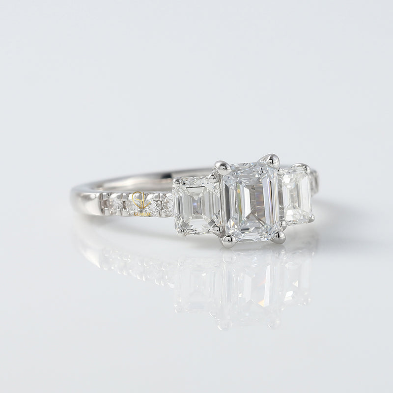 Emerald Cut Moissanite Three Stone Engagement Ring