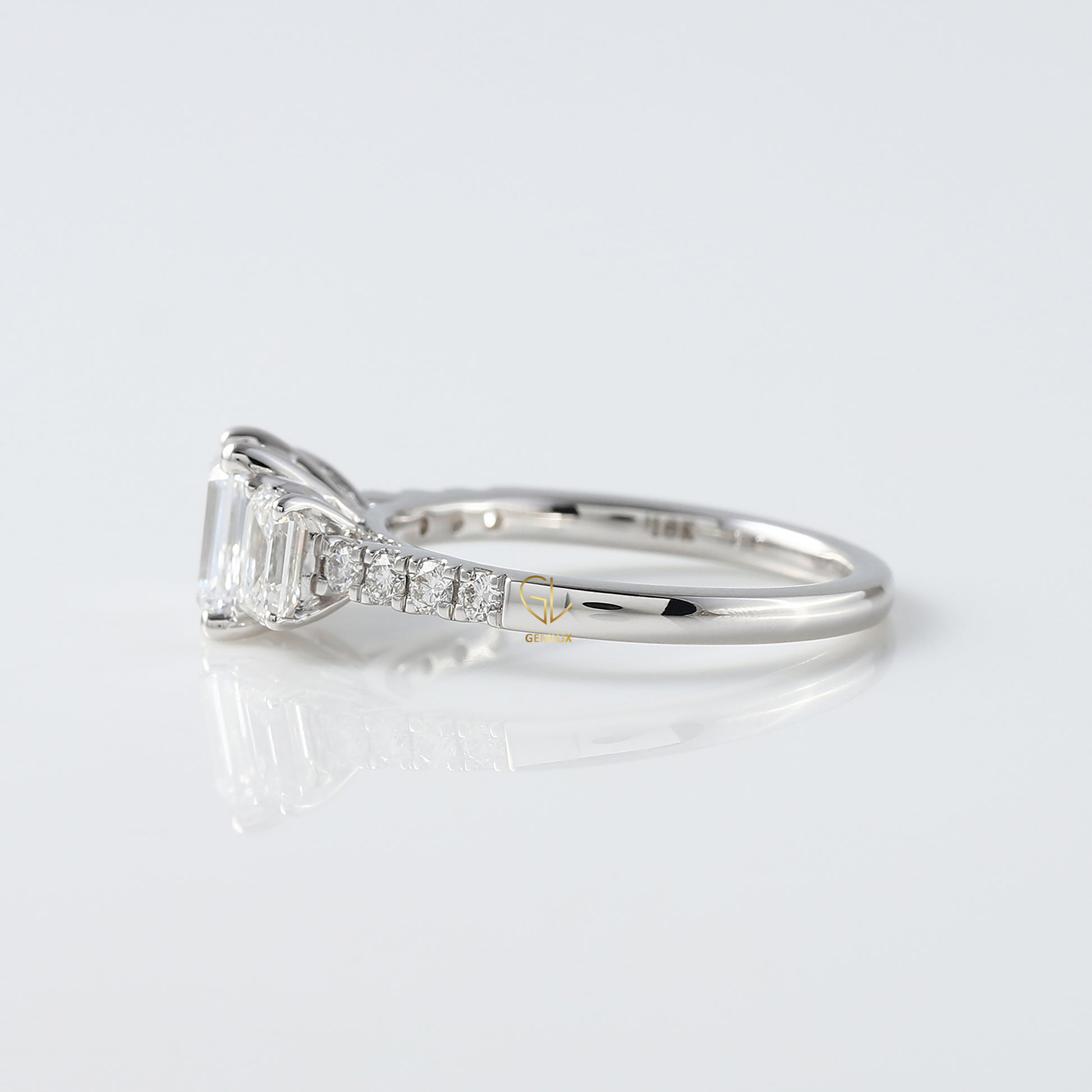 Emerald Cut Lab Grown Diamond Three Stone Engagement Ring