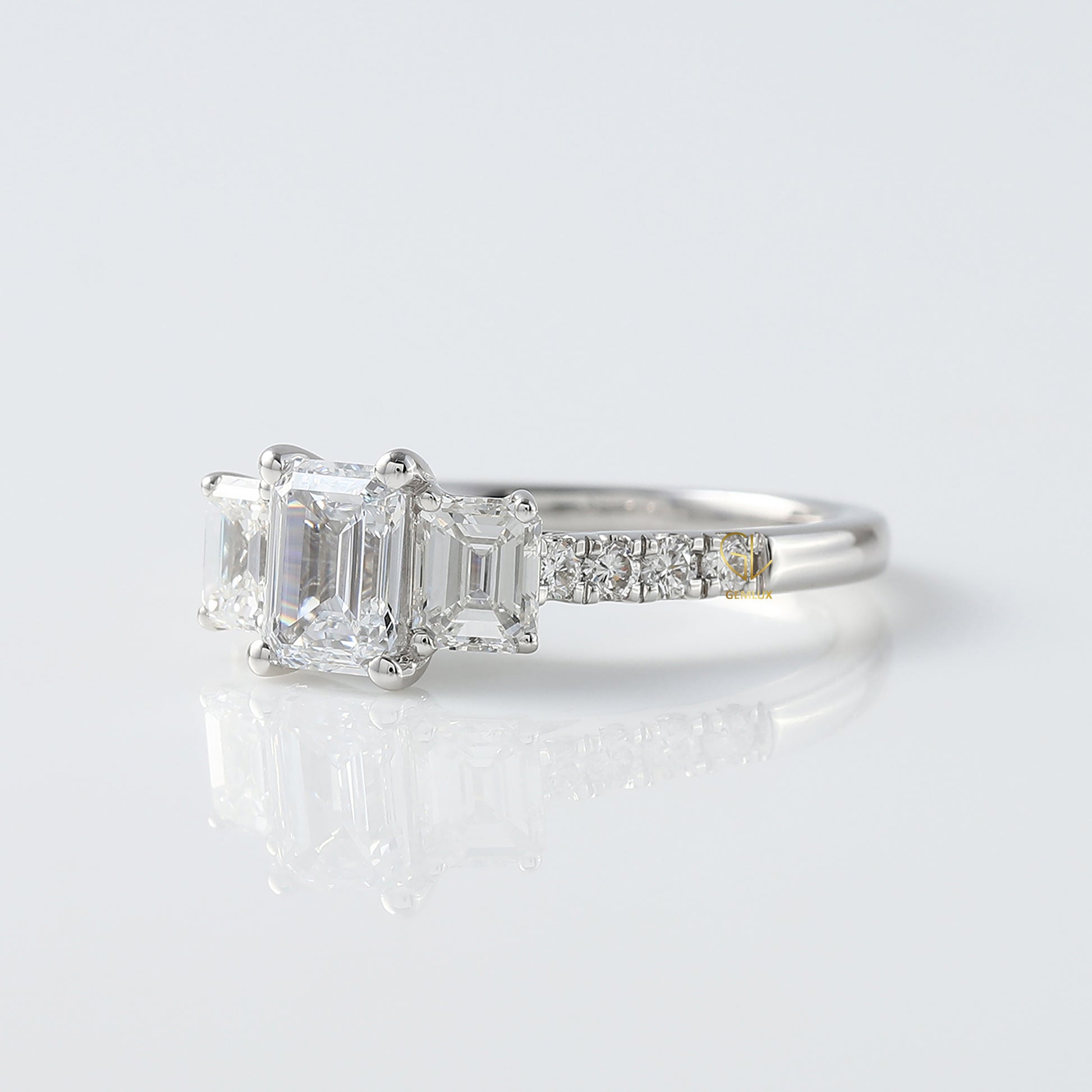 Emerald Cut Moissanite Diamond Three Stone Engagement Ring