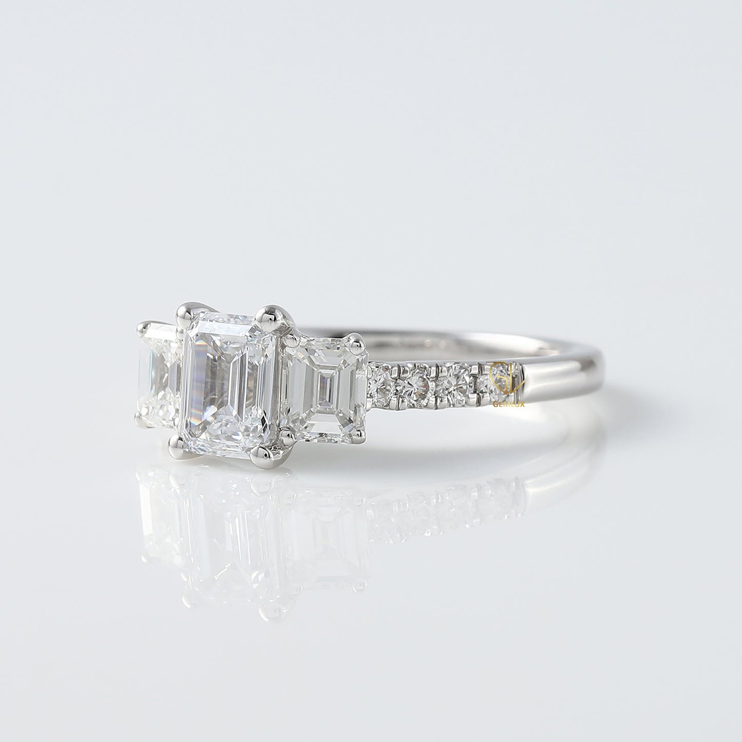 Emerald Cut Lab Grown Diamond Three Stone Engagement Ring