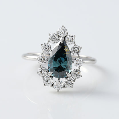 Blue Pear Cut Lab Grown Diamond Halo Engagement Ring