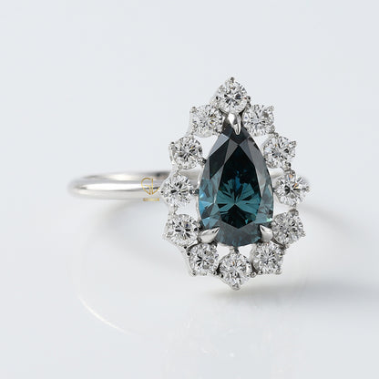 Blue Pear Cut Lab Grown Diamond Halo Engagement Ring