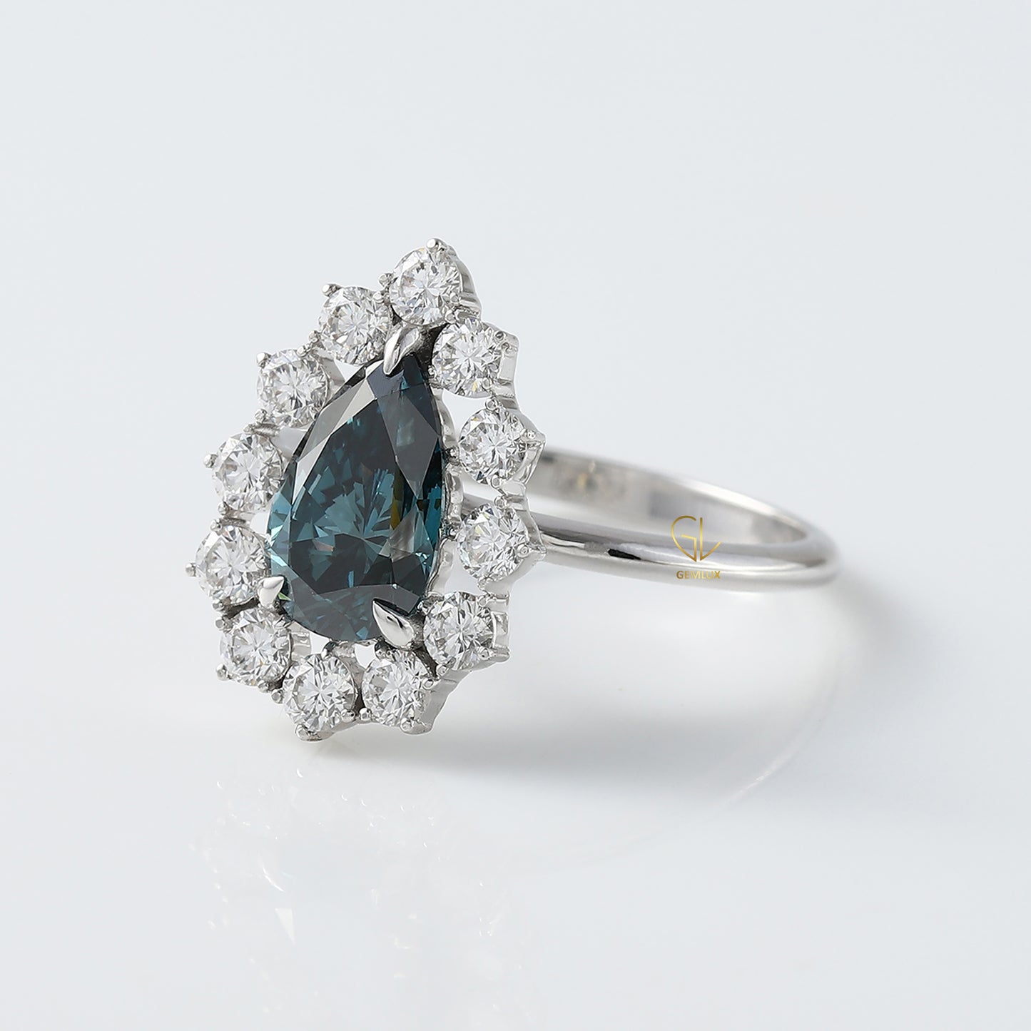 Blue Pear Cut Lab Grown Diamond Halo Engagement Ring