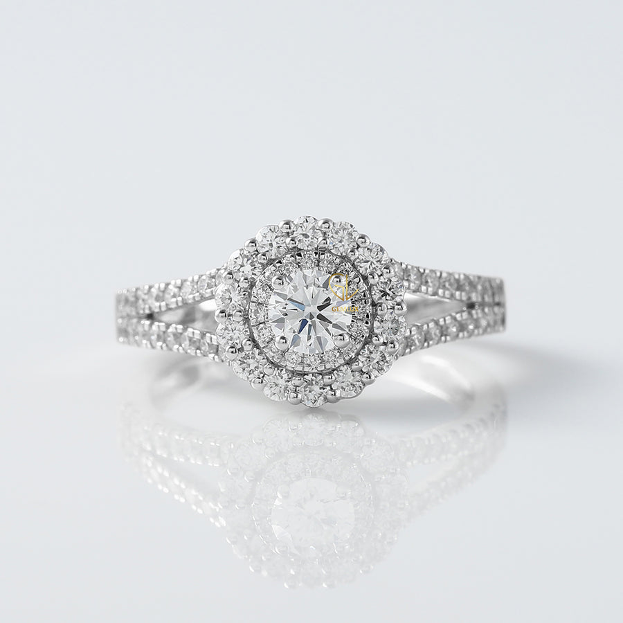 Round Cut Moissanite Split Shank Double Halo Engagement Ring