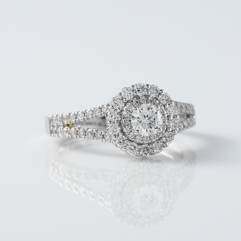 Round Cut Moissanite Split Shank Double Halo Engagement Ring