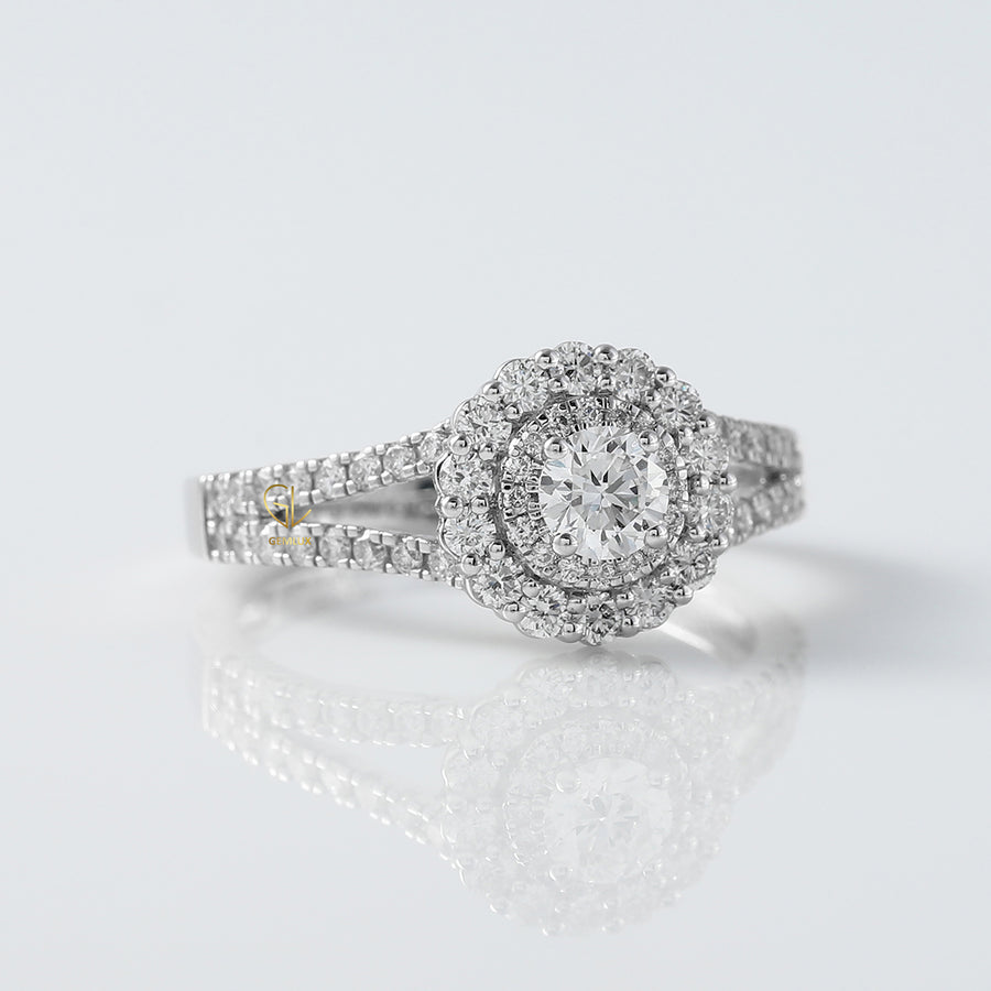 Round Cut Moissanite Split Shank Double Halo Engagement Ring