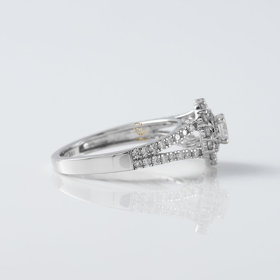 Round Cut Moissanite Split Shank Double Halo Engagement Ring