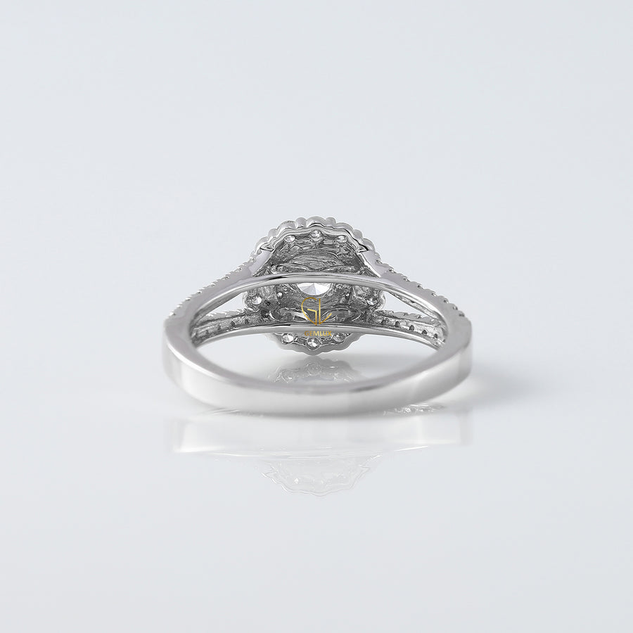 Round Cut Moissanite Split Shank Double Halo Engagement Ring