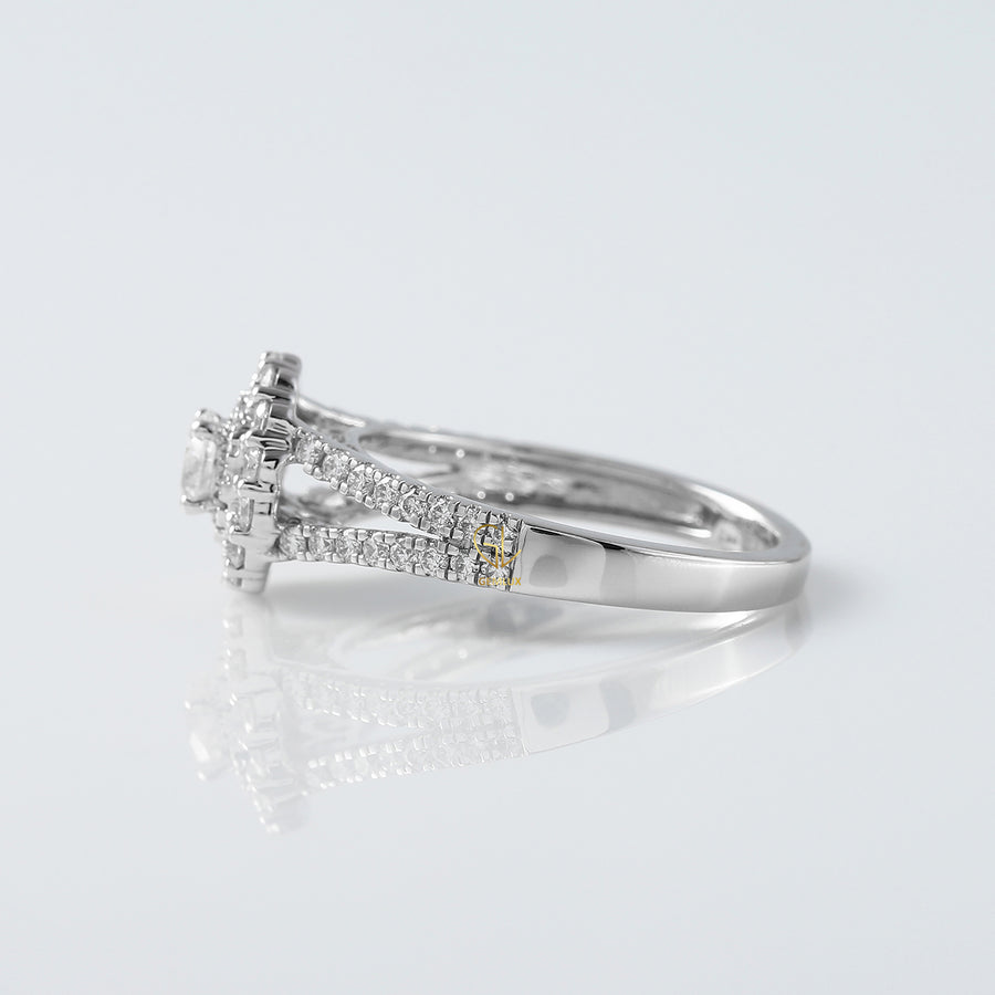 Round Cut Moissanite Split Shank Double Halo Engagement Ring