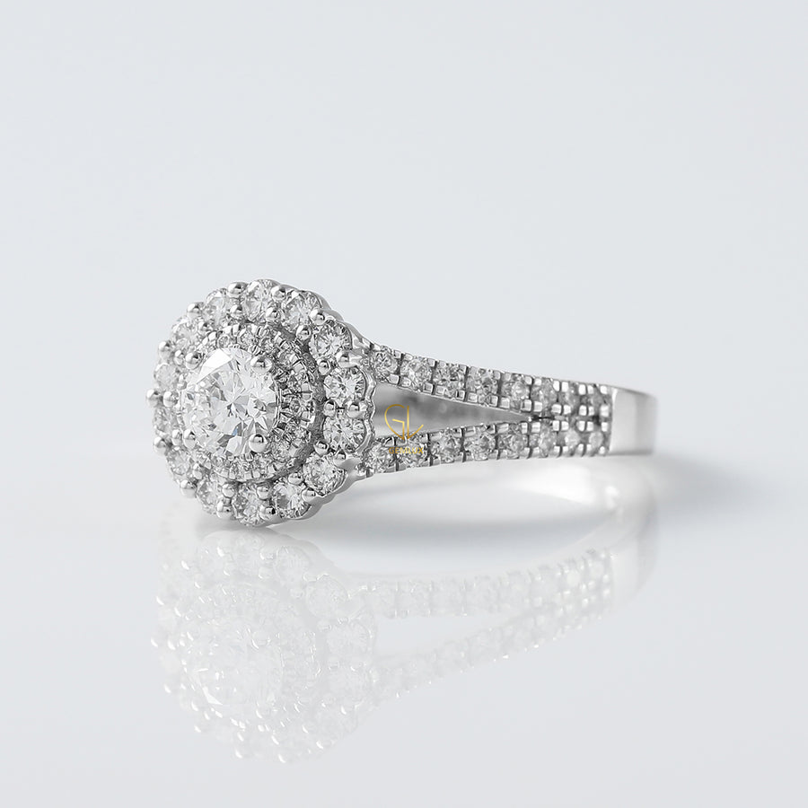 Round Cut Moissanite Split Shank Double Halo Engagement Ring