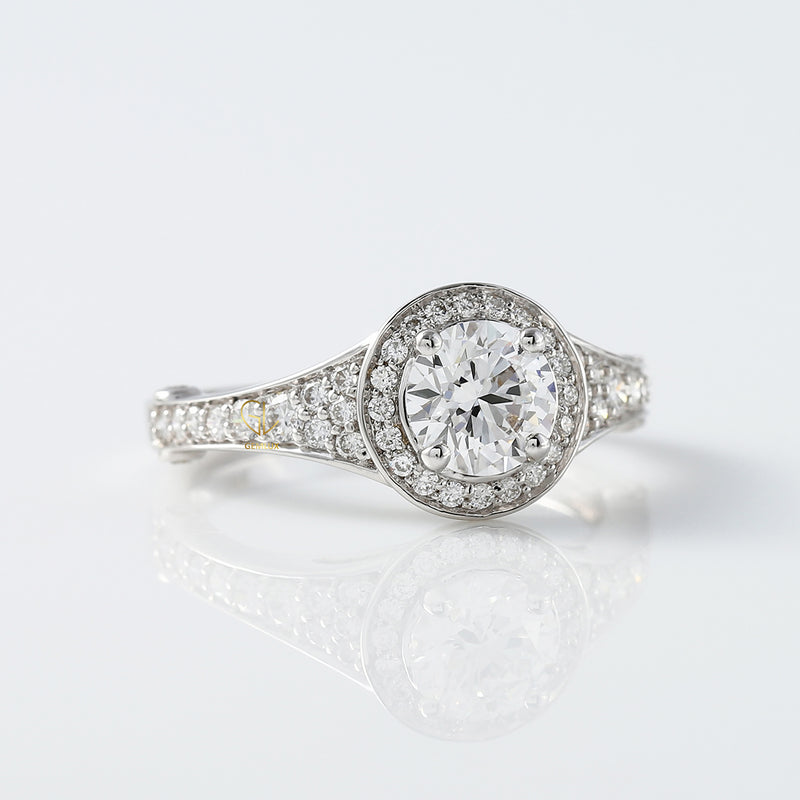Heart & Arrow Round Lab Grown Diamond Floral Halo Bezel Set Vintage Engagement Ring