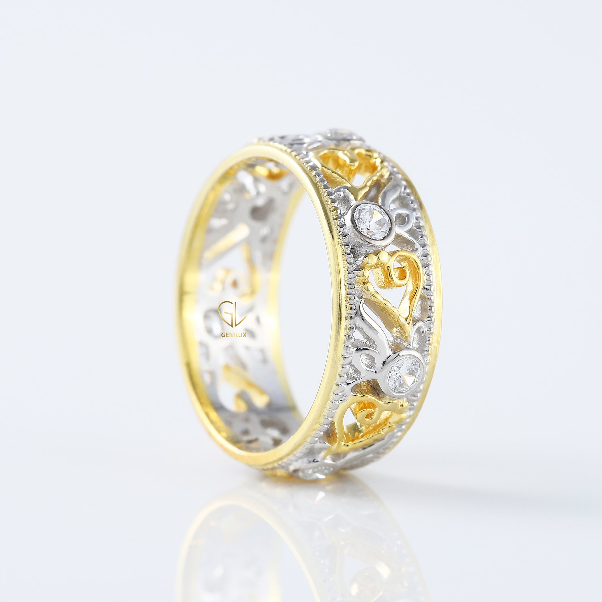 Vintage Art Deco Filigree Two Tone Wedding Band