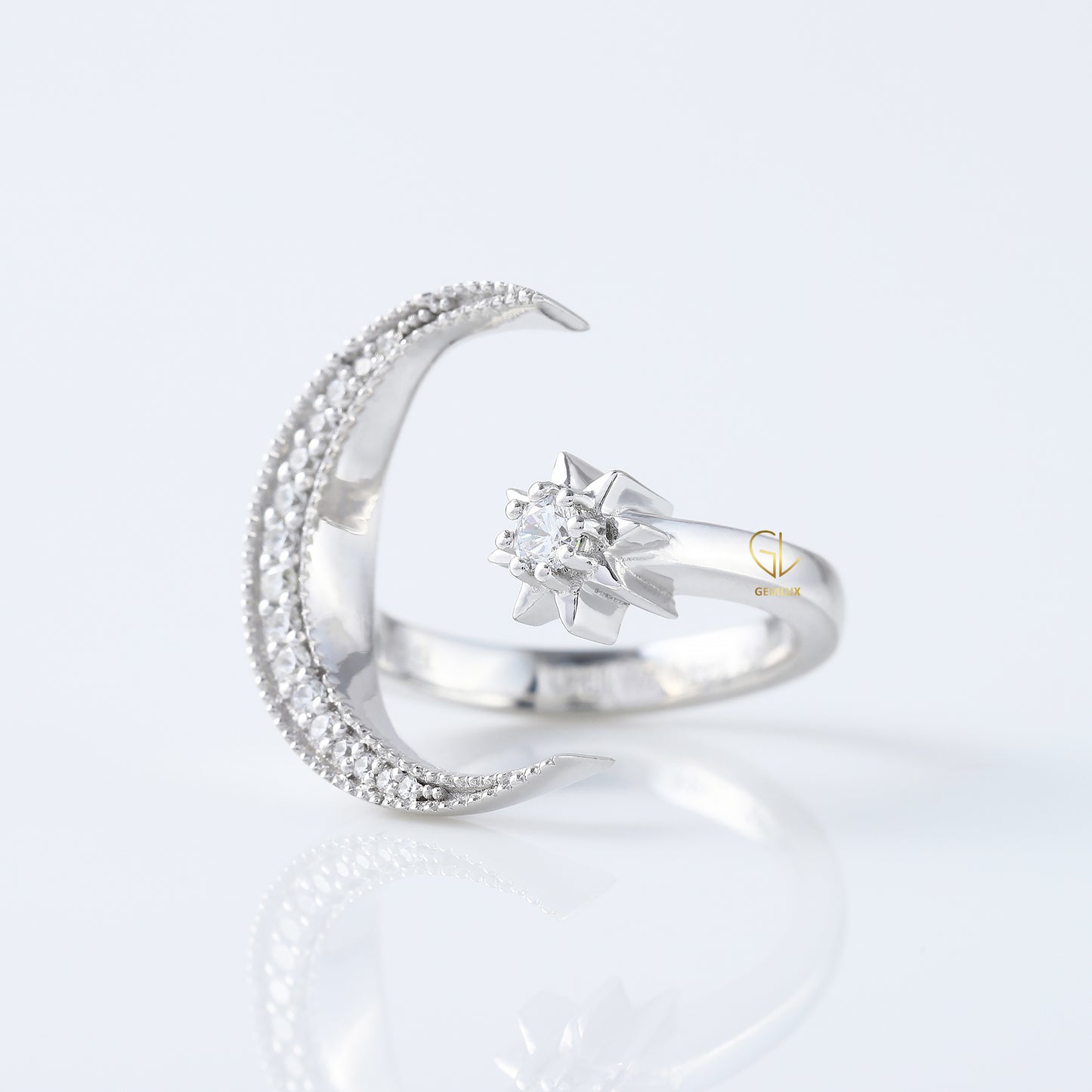 14k White Gold Open Cuff Moon Star Celestial Ring