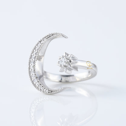 14k White Gold Open Cuff Moon Star Celestial Ring