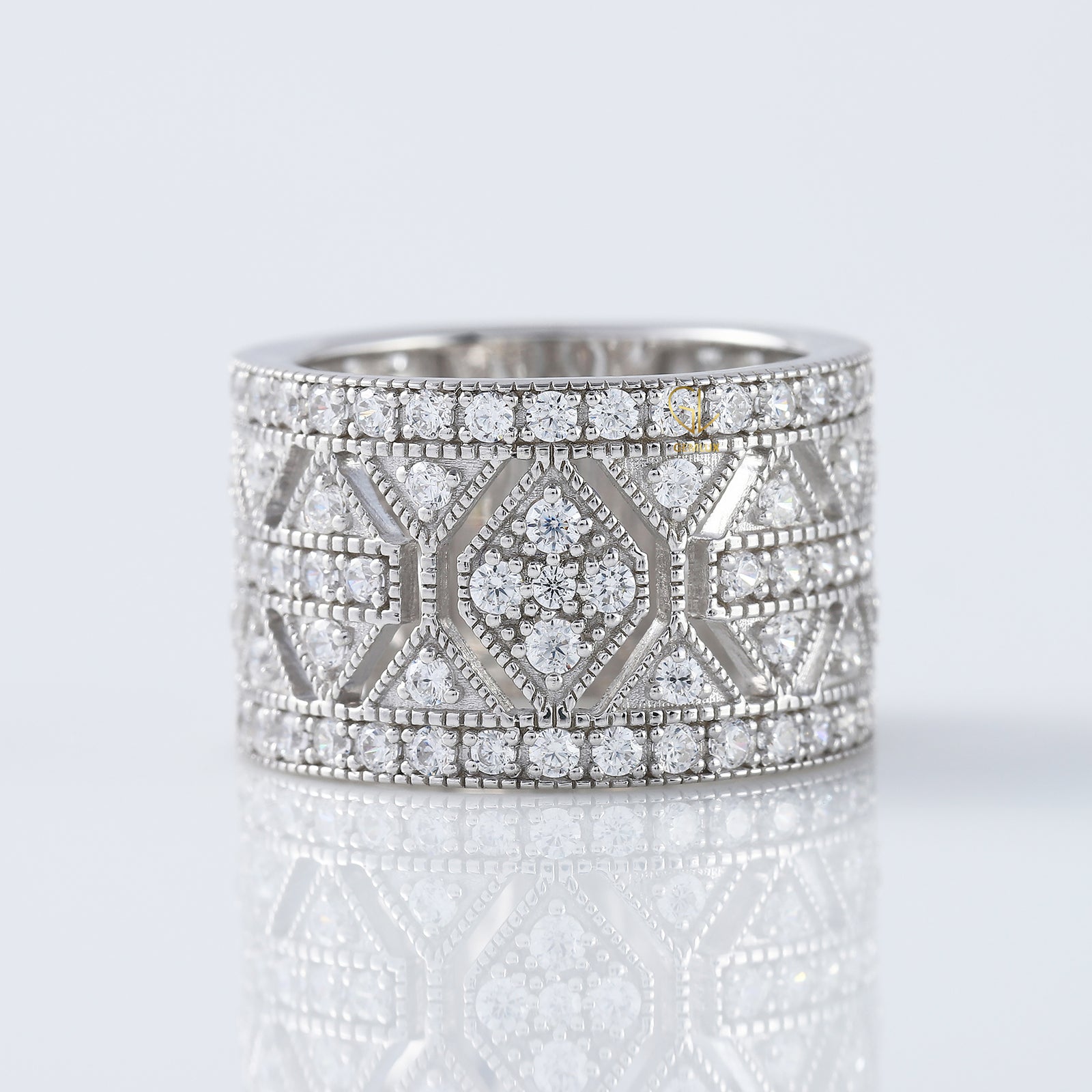 12mm Vintage Style Round Moissanite Art Deco Milgrain Wide Band