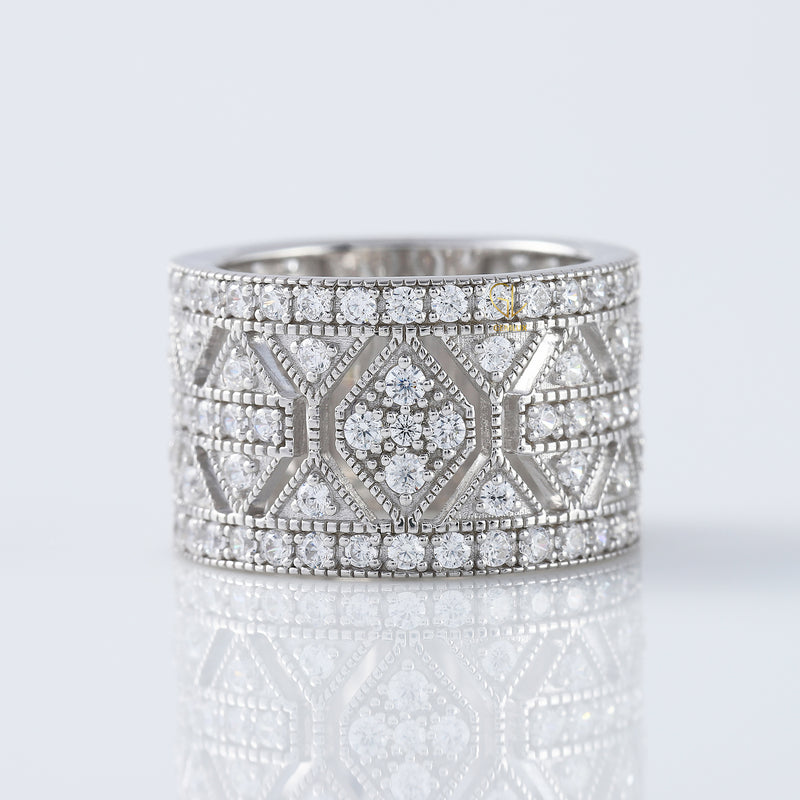 12mm Vintage Style Round Moissanite Art Deco Milgrain Wide Band