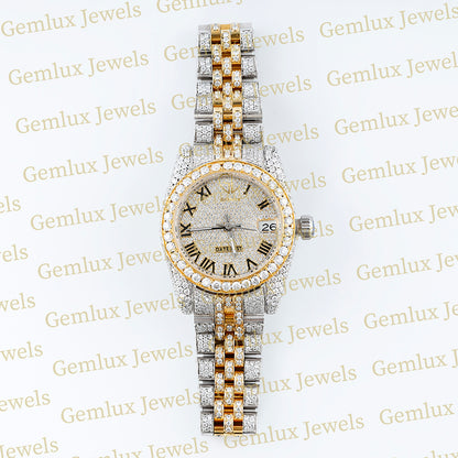 Iced Out Two Tone Yellow Gold Moissanite Hip Hop Watch For Women