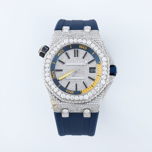 Iced Out Dial D VVS Moissanite Blue Rubber Strap Watch