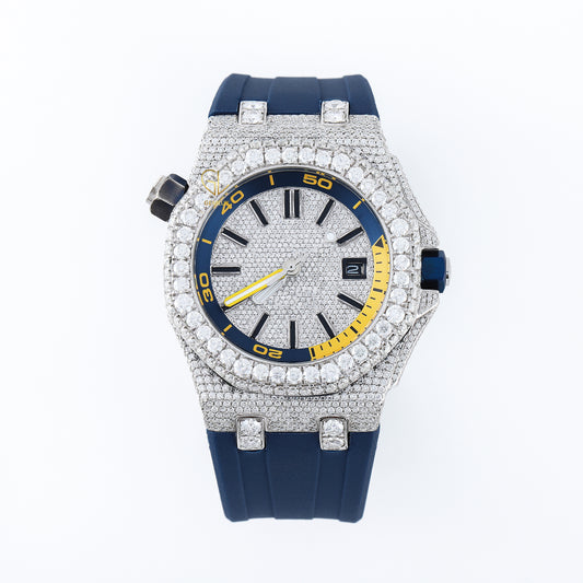 Iced Out Dial D VVS Moissanite Blue Rubber Strap Watch