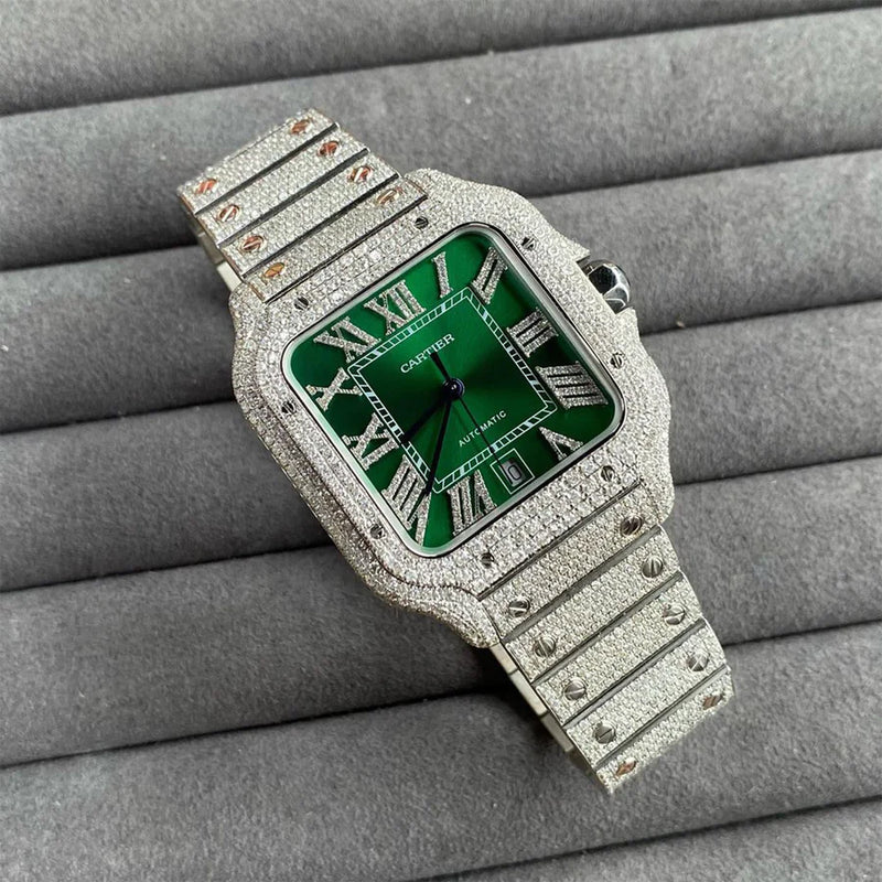 Iced Out Roman Green Dial Moissanite Hip Hop Watch