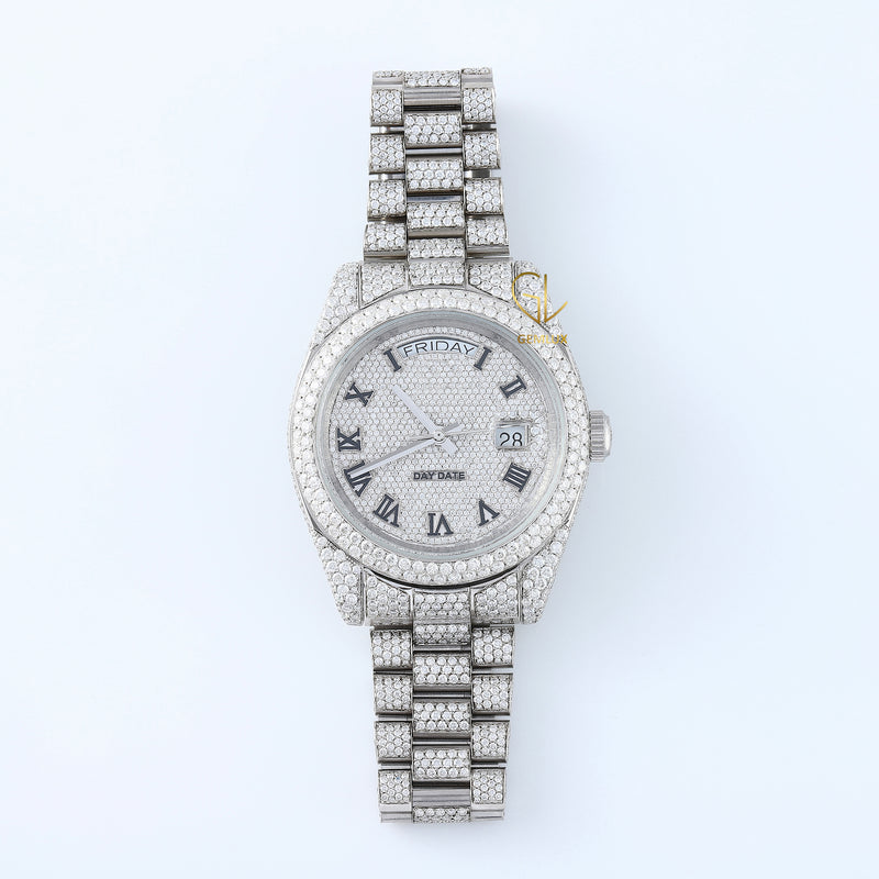 Iced Out Roman Dial Day Date VVS Moissanite Diamond Watch