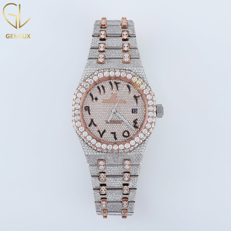 Iced Out Two Tone Rose Gold Arabic Dial Lab Grown Watch