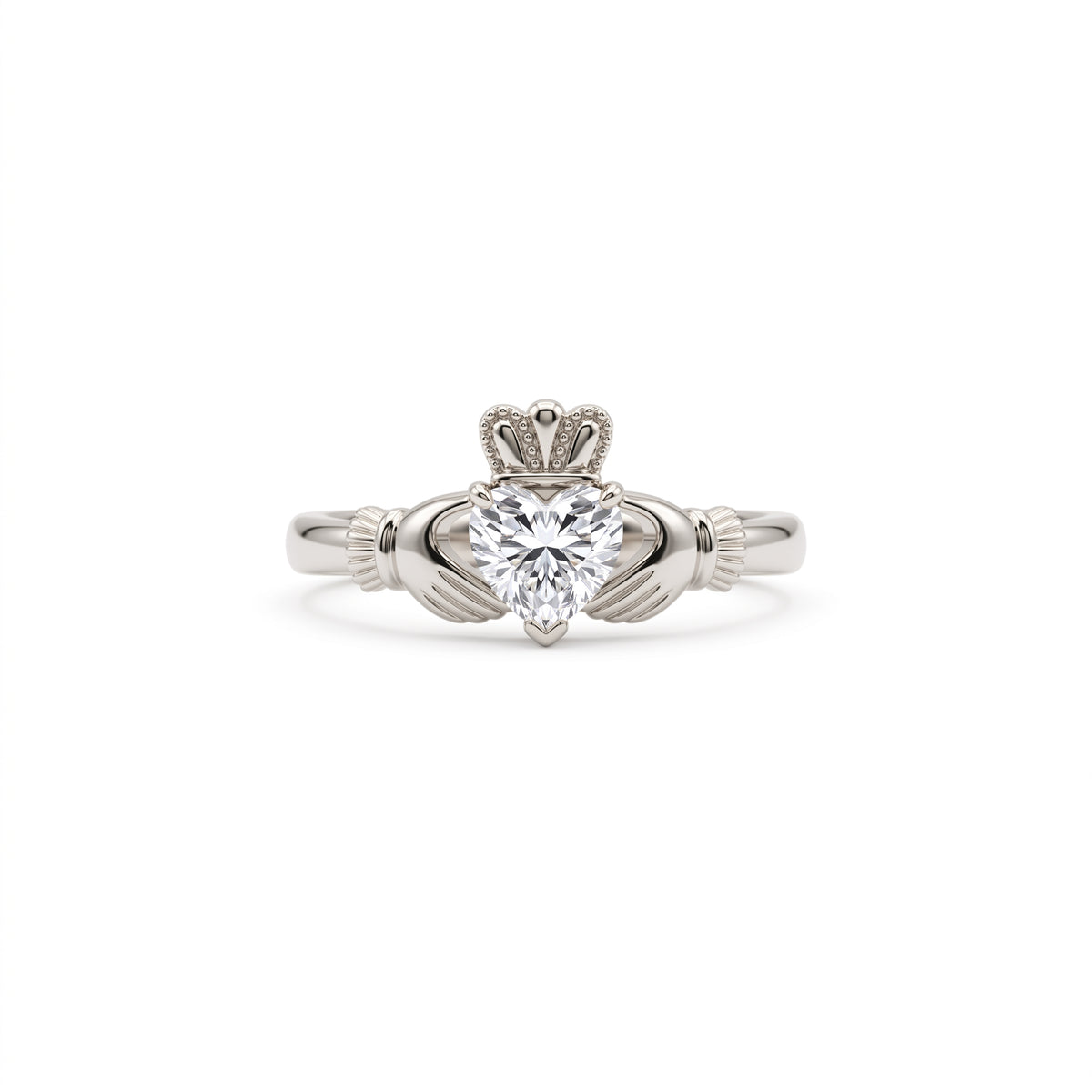 Claddagh heart-cut lab-grown diamond engagement ring with hands and crown design