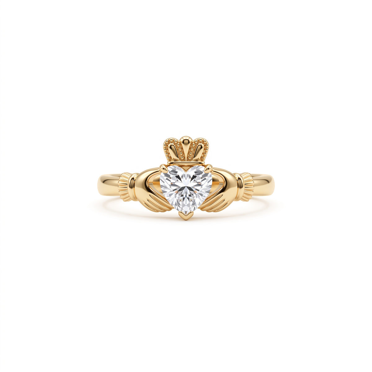 Claddagh heart-cut lab-grown diamond engagement ring with hands and crown design