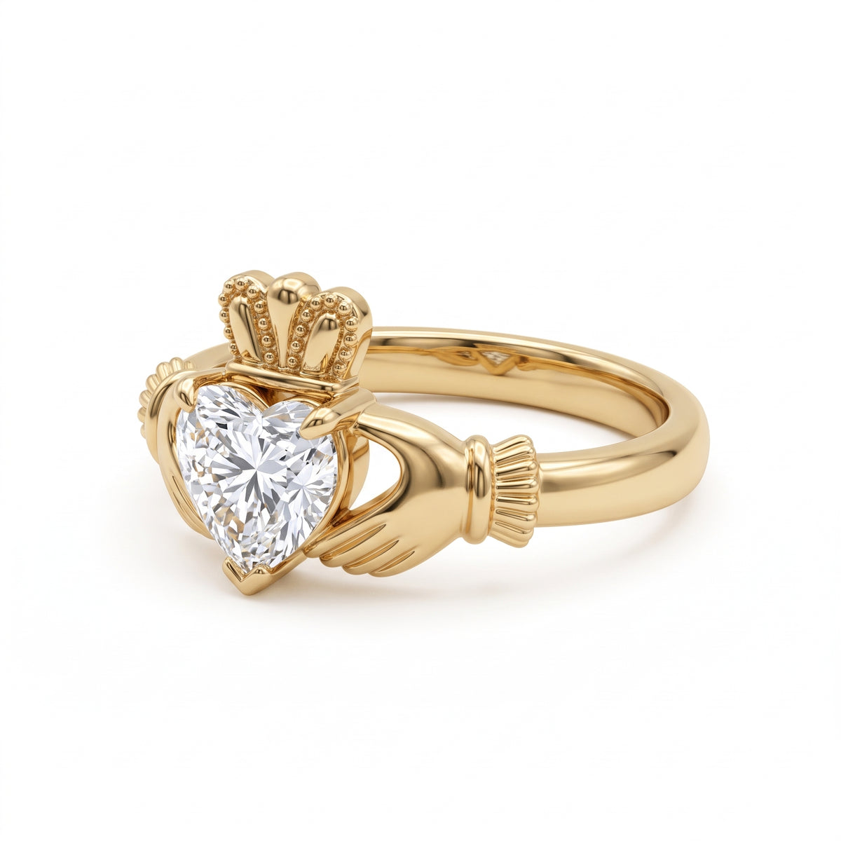 Claddagh heart-cut lab-grown diamond engagement ring with hands and crown design