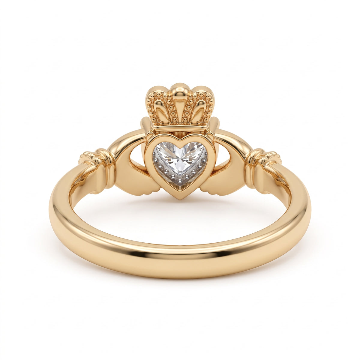 Heart-cut moissanite Irish Claddagh engagement ring with sculpted hands and crown in yellow gold