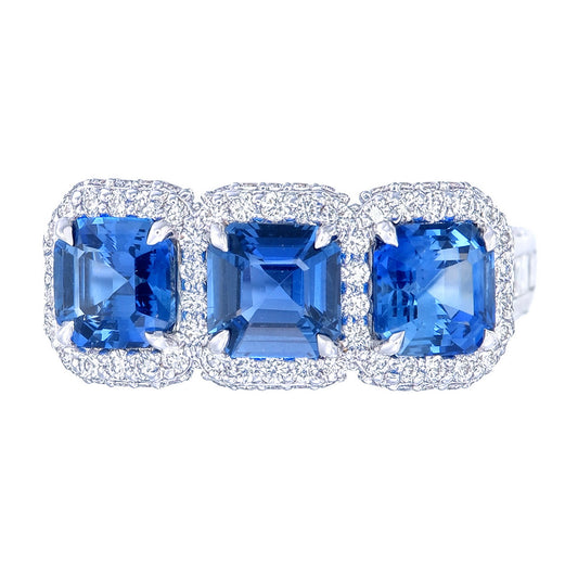 Certified Natural Sapphire Asscher Cut Three Stone With Halo Ring