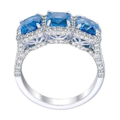 Certified Natural Sapphire Asscher Cut Three Stone With Halo Ring