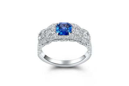 Certified Natural Sapphire Asscher Cut Five Stone Halo Ring