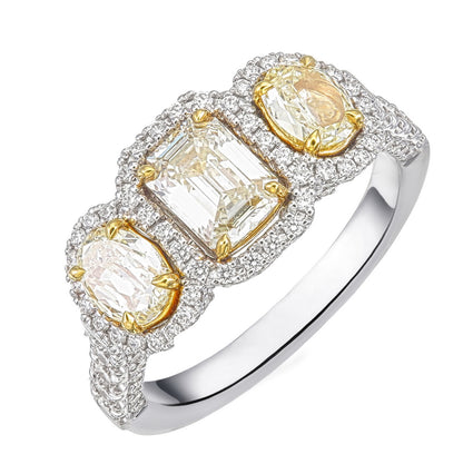 Fancy Yellow Emarald Cut Certified Natural Diamond Three Stone Ring