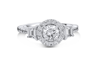 Round Cut Certified Natural Diamond Three Stone Halo Engagement Ring