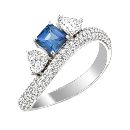 Blue Sapphire Asscher & Heart Shape Certified Natural Diamond Three Stone Ring