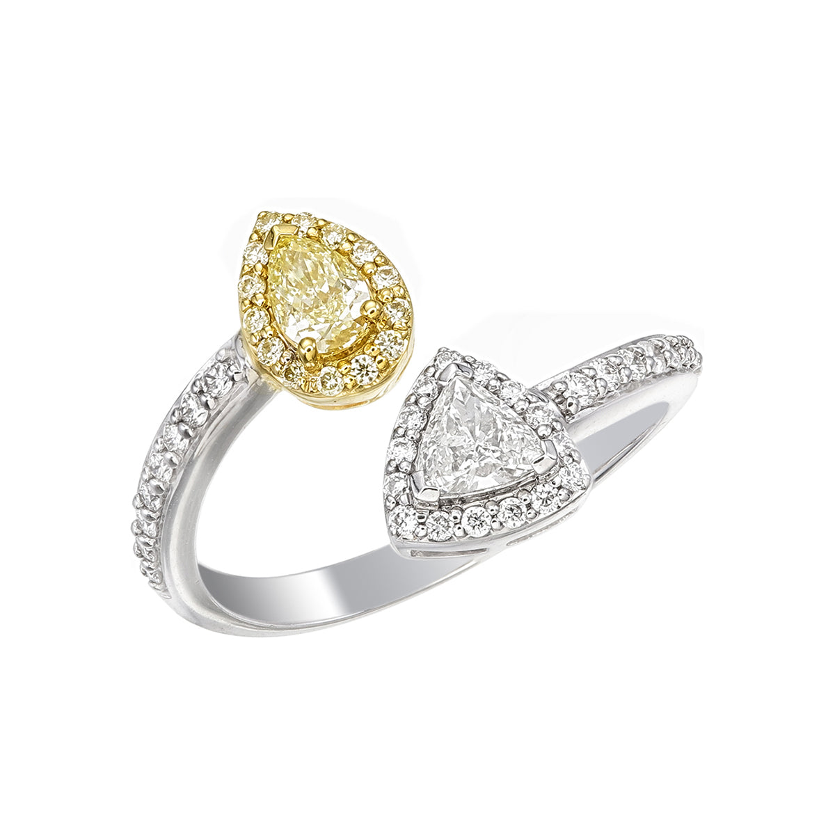 Canary Yellow Pear Cut & Trillion Cut Certified Natural Diamond Bypass Engagement Ring