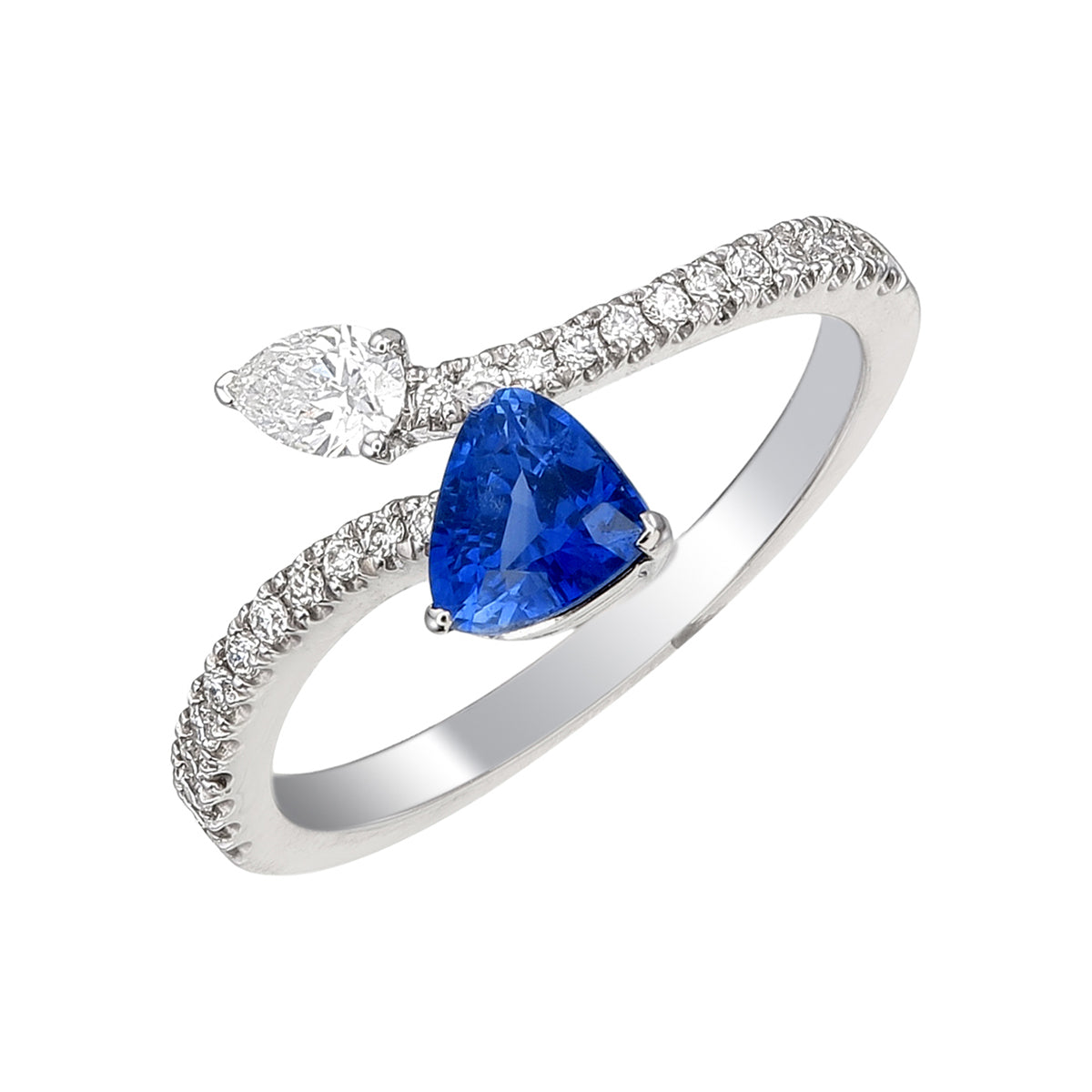 Blue Sapphire Trillion Cut & Pear Cut Certified Natural Diamond Bypass Engagement Ring