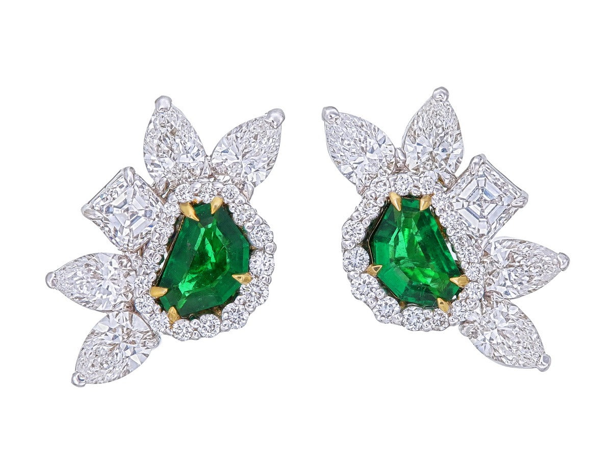 Green Emarald Certified Natural Diamond Flower Earrings