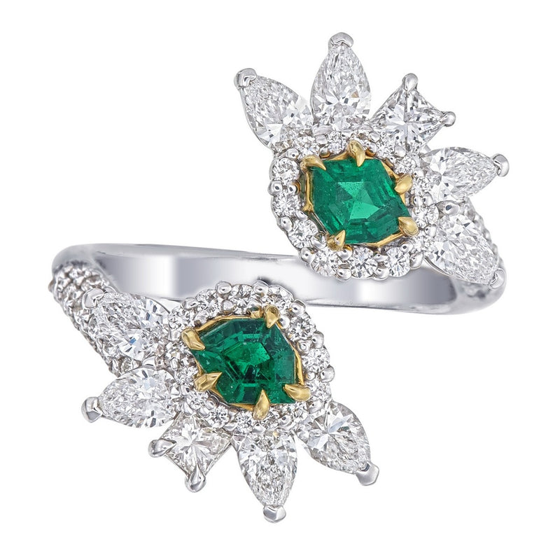 Green Emerald Cut Certified Natural Diamond Floral Bypass Ring