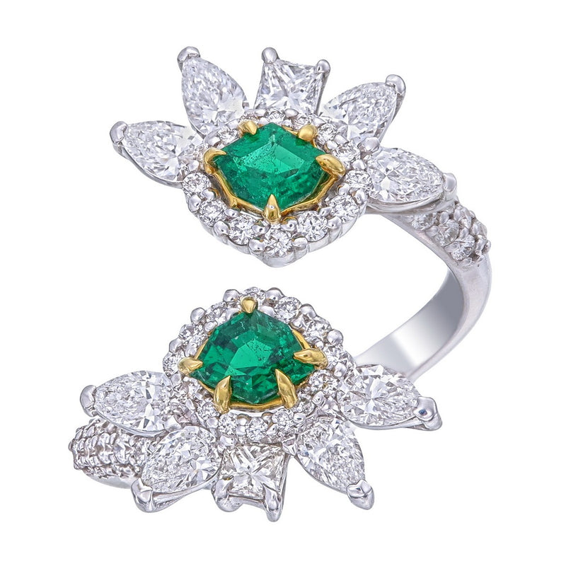Green Emerald Cut Certified Natural Diamond Floral Bypass Ring
