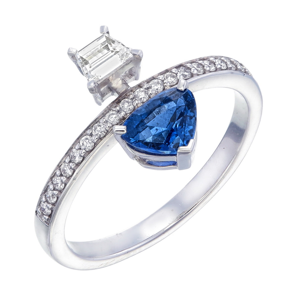 Blue Sapphire Trillion & Baguette Cut Certified Natural Diamond Two Stone Engagement Ring